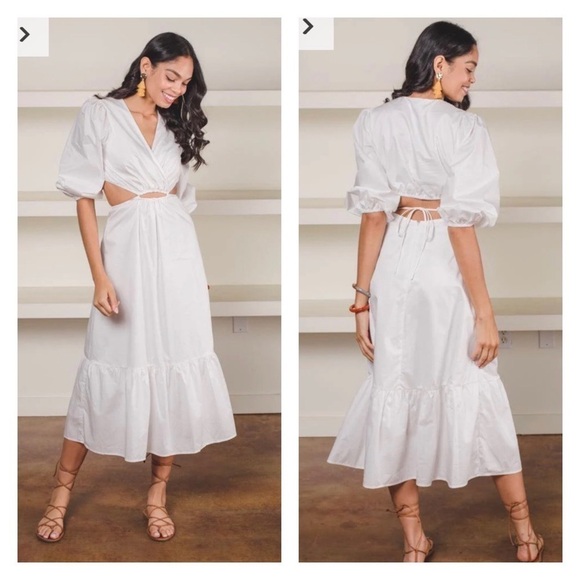 ASTR White Cutout Surplice Midi Dress Puff Sleeve Resort Vacation L NWT - Picture 11 of 14